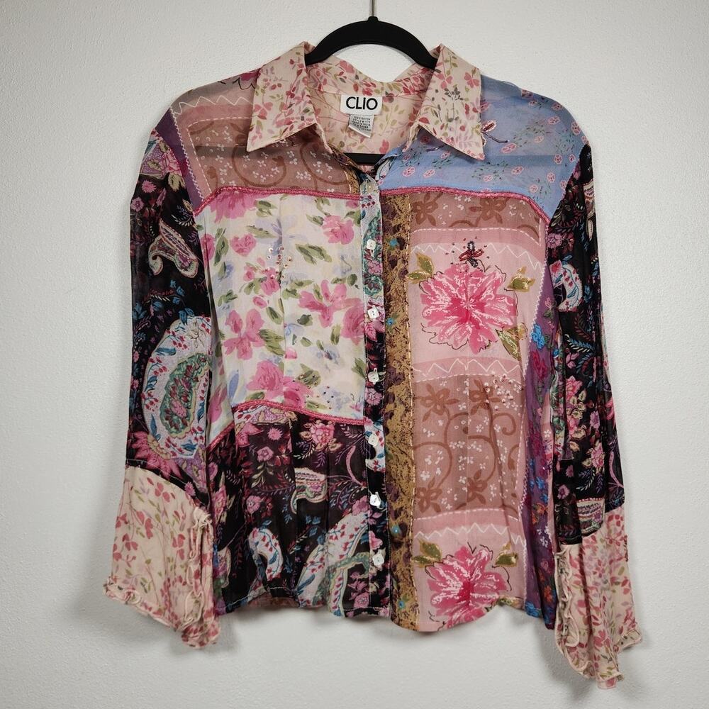 Vintage y2k Clio Button Rayon Sheer Flowers Beaded Shirt Patch Boho Hippie